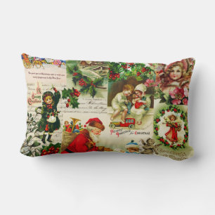 Coussin Rectangle Festif Vintage Victorien Noël Père Noël Collage