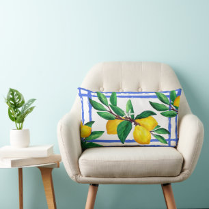Coussin Rectangle Feuilles de citron Citron Jaune Vert Feuille Bleu