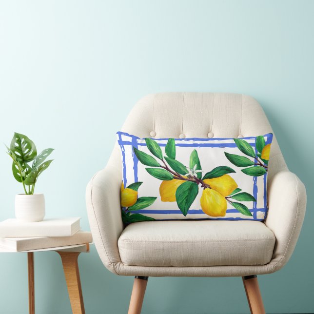 Coussin Rectangle Feuilles de citron Citron Jaune Vert Feuille Bleu  (Chaise)