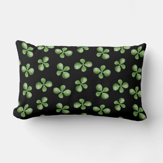 Coussin Rectangle Feuilles de succulente vertes sur fond noir (Recto)