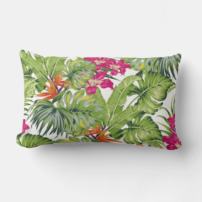 Coussin Rectangle Feuilles tropicales vertes fleurs roses oranges Lo (Recto)