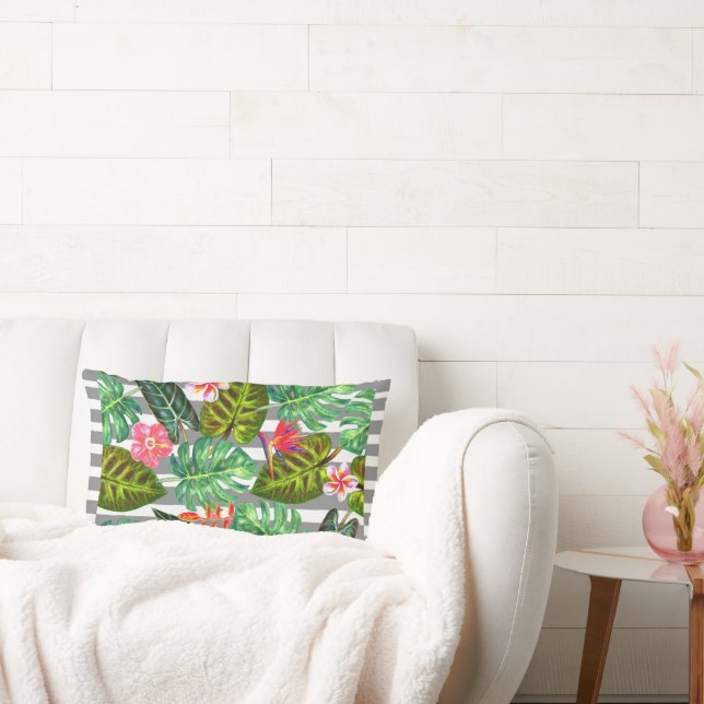 Coussin Rectangle Feuilles tropicaux rayés gris et blanc Jeu d'oreil (Canapé)