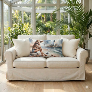 Coussin Rectangle Fille de la Plage Côtière & Phare