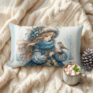 Coussin Rectangle Fille d'hiver avec oiseau en manteau floral bleu