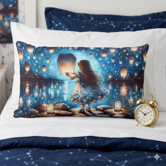 Coussin Rectangle Fille du lac à la lanterne éclairée par la lune (Moonlit Lantern Lake Girl Lumbar Pillow)