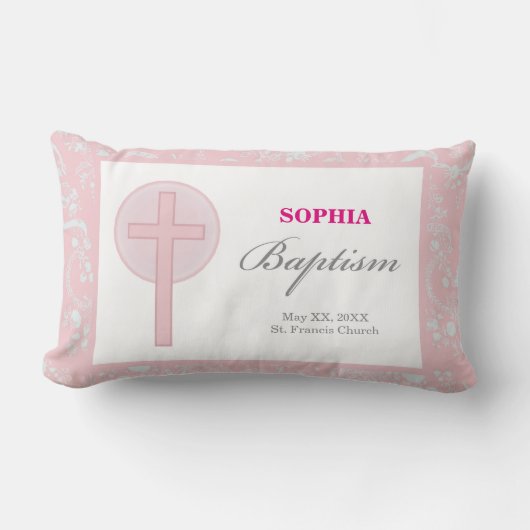 Coussin Rectangle Fille en dentelle rose Baptême (Recto)