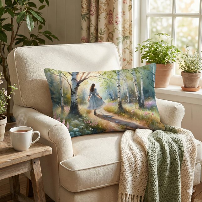 Coussin Rectangle Fille Fantaisiste Dançant à Travers une Forêt de B (Whimsical Girl Dancing Through Birch Forest Lumbar Pillow Mockup A)