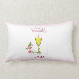Coussin Rectangle Fille Rose Première Communion Sainte, Chalice, Hôt