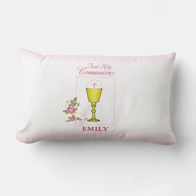 Coussin Rectangle Fille Rose Première Sainte Communion, Calice, Host (Recto)