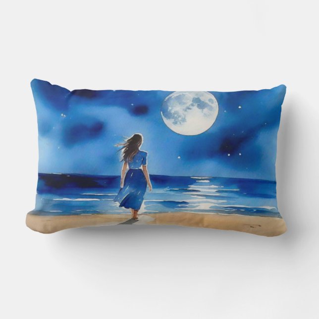 Coussin Rectangle Fille sur la plage sous une Pleine lune (Recto)