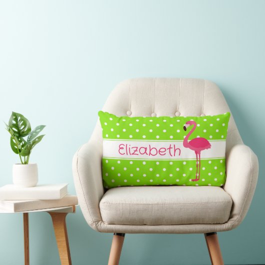 Coussin Rectangle Flamant rose Pointe rose et vert Polka Personnalis (Chaise)