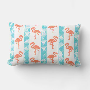 Coussin Rectangle Flamant Tropical - Corail à Clé Grecque & Turquois
