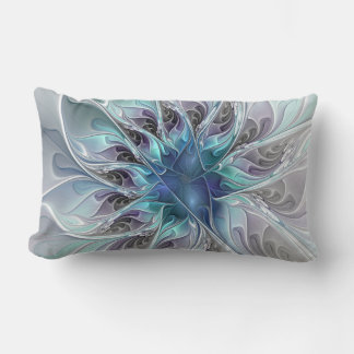 Coussin Rectangle Fleur Abstraite Fractale Moderne Avec Bleu