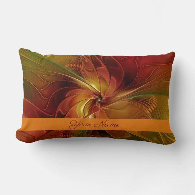 Coussin Rectangle Fleur Abstraite Rouge Orange Brown Nom vert (Recto)