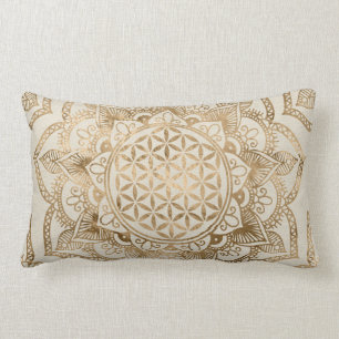 Coussin Rectangle Fleur de la vie dans Lotus - or et toile en pastel