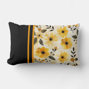 Coussin Rectangle Fleur jaune avec bande sur noir