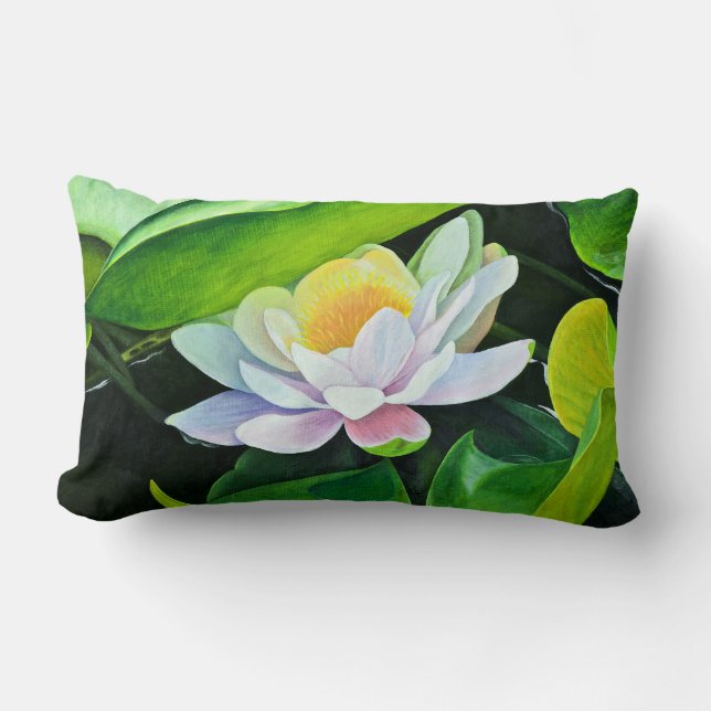 Coussin Rectangle Fleur Lily blanche sur feuilles verts (Recto)