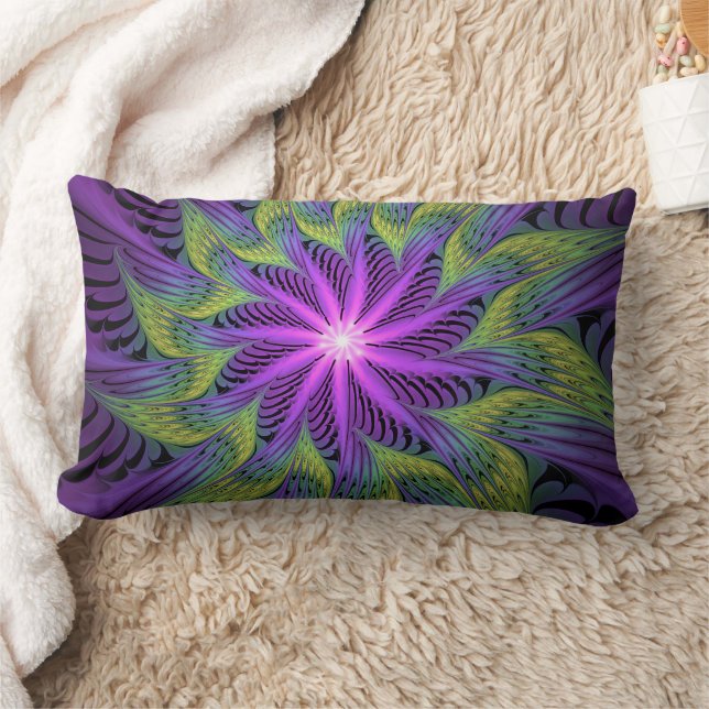 Coussin Rectangle Fleur verte violette Art abstrait fractal moderne (Couverture)