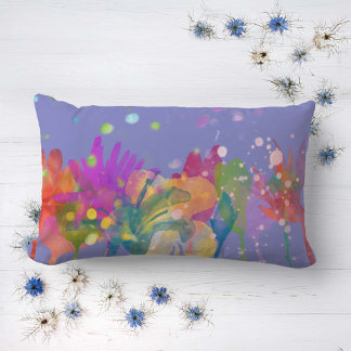 Coussin Rectangle Fleurs aquarelles colorées sur fond bleu