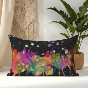 Coussin Rectangle Fleurs aquarelles colorées sur fond noir