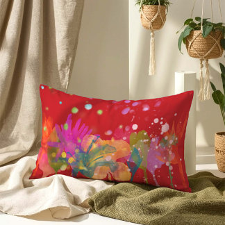 Coussin Rectangle Fleurs aquarelles colorées sur fond rouge