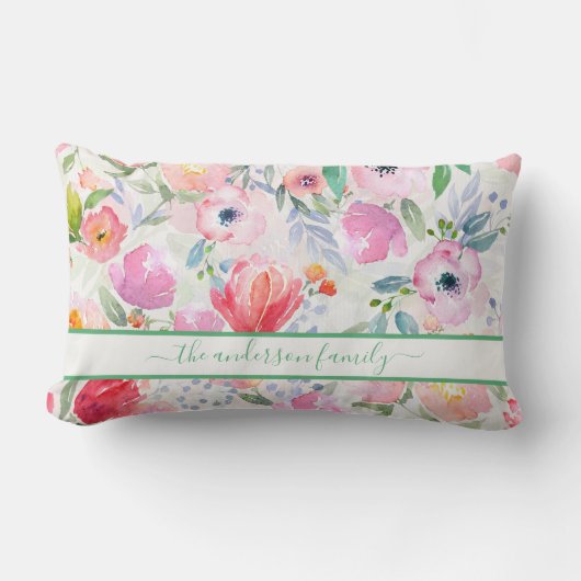 Coussin Rectangle Fleurs aquarelles roses écriture nom de famille (Recto)