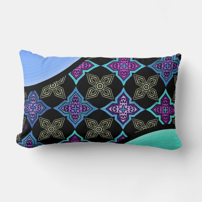 Coussin Rectangle Fleurs Art Déco Star Aqua Violet Blue sur Black -2 (Recto)