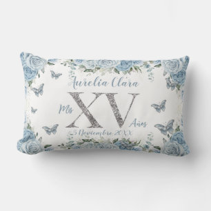 Coussin Rectangle Fleurs Bleu Bébé Argent Quinceañera Douce 15 XV
