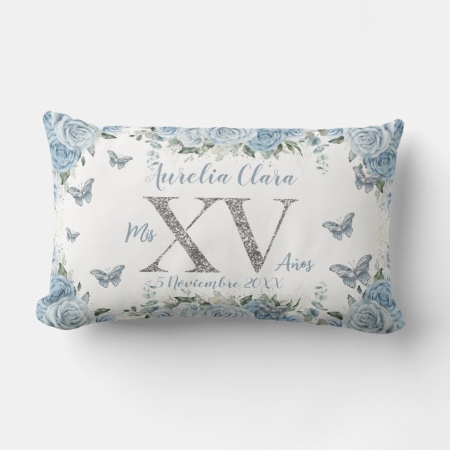 Coussin Rectangle Fleurs Bleu Bébé Argent Quinceañera Douce 15 XV (Recto)