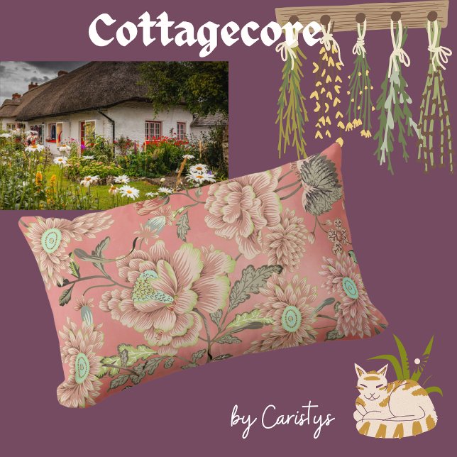 Coussin Rectangle Fleurs bleu rose sur Arrière - plan corail (Créateur téléchargé)