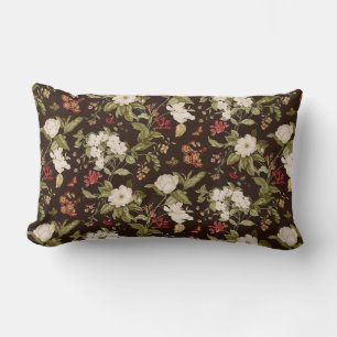 Coussin Rectangle Fleurs botaniques marron et blanches florales vint