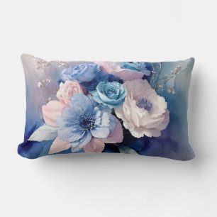 Coussin Rectangle Fleurs d'aquarelle bleu et rose