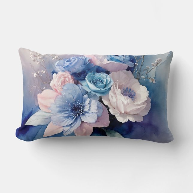 Coussin Rectangle Fleurs d'aquarelle bleu et rose (Recto)