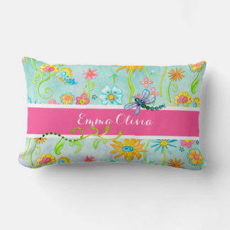 Coussin Rectangle Fleurs d'aquarelle Whimsical Papillon de libellule