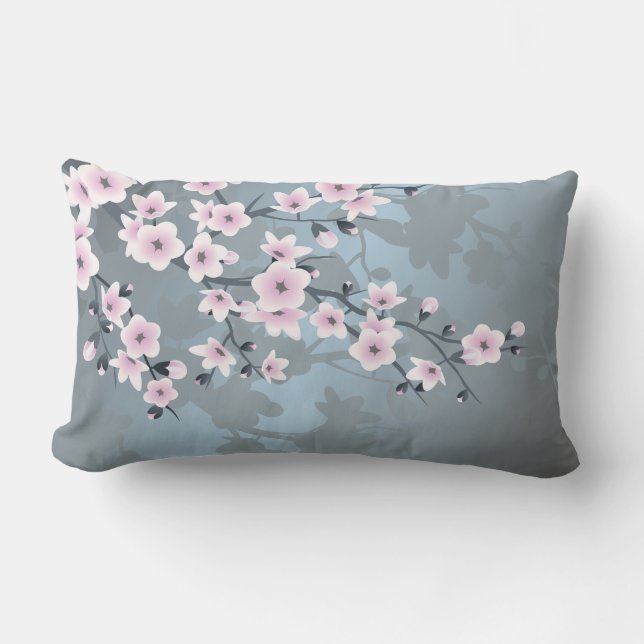 Coussin Rectangle Fleurs de cerisier poussiéreuse rose bleu (Recto)
