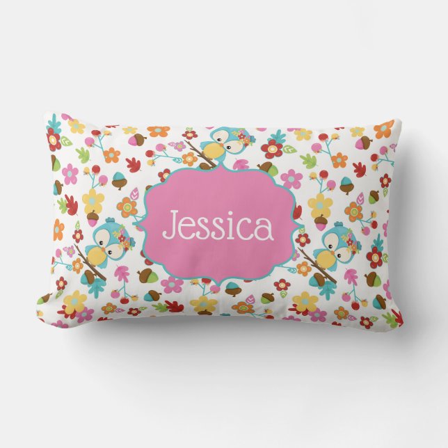 Coussin Rectangle Fleurs de Chouette de Forêt mignonne Filles Nom pe (Recto)