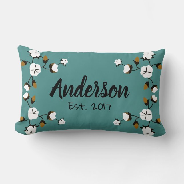 Coussin Rectangle Fleurs de coton rustiques modernes et Turquoises (Recto)