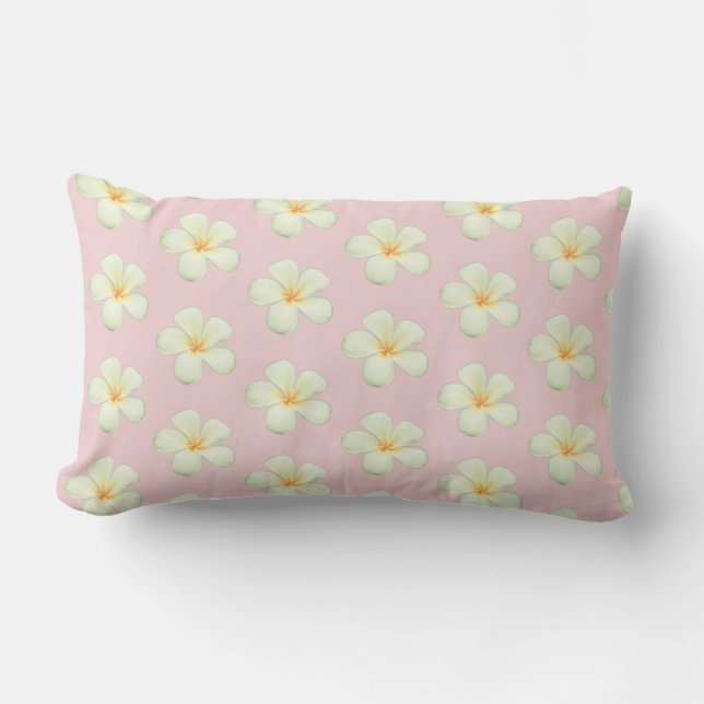 Coussin Rectangle Fleurs de frangipanier Plumeria sur fond rose clai (Recto)