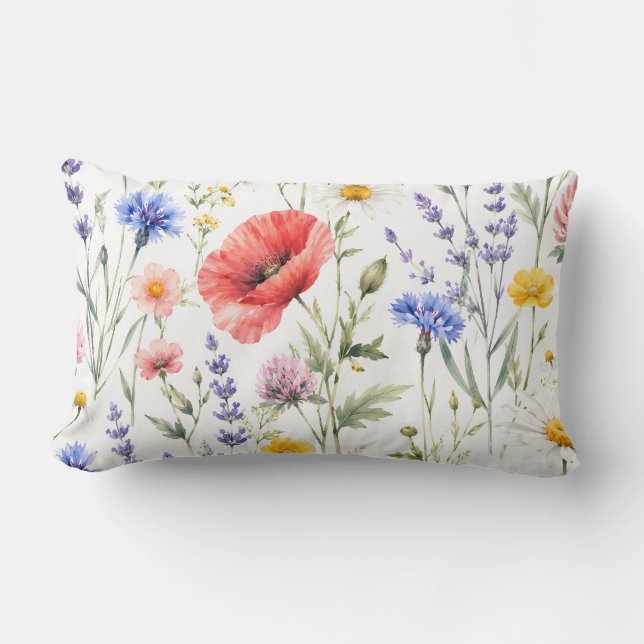 Coussin Rectangle Fleurs de prairie aquarelle florale  (Recto)