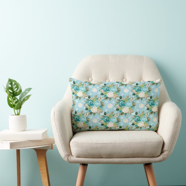 COUSSIN RECTANGLE FLEURS D'EAU BLANC VERT BLEUE JOLIE (Chaise)