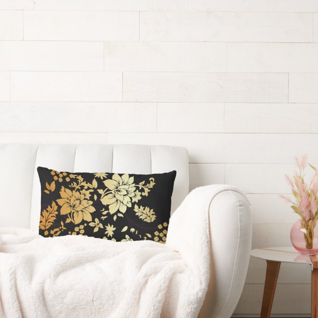 Coussin Rectangle Fleurs d'or orientales en noir (Canapé)