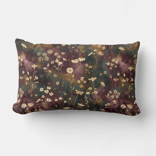Coussin Rectangle Fleurs Élégantes Japonaises – Prune et Sarcelle Mé (Recto)