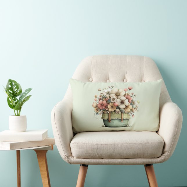 Coussin Rectangle Fleurs en Pot Style Cosy Shabby Chic (Chaise)