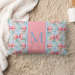 Coussin Rectangle Fleurs et rayures de vaches roses et bleues Monogr