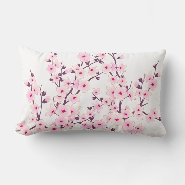 Coussin Rectangle Fleurs florales de cerises (Sakura) Blanc rose (Recto)