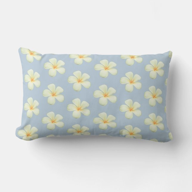 Coussin Rectangle Fleurs Frangipani Plumeria sur Bleu Merveilleux (Recto)