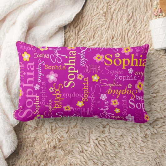 Coussin Rectangle Fleurs graphiques rose violet nom du texte personn (Couverture)