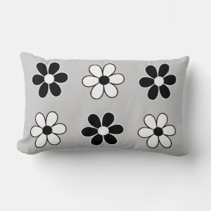 Coussin Rectangle Fleurs noires et blanches modernes sur gris argent
