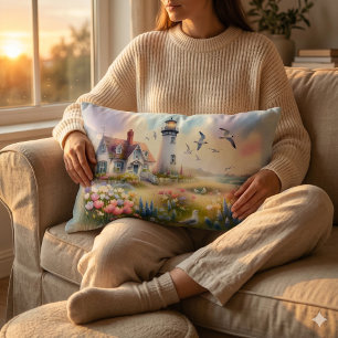 Coussin Rectangle Fleurs printanières près d'un cottage côtier et d'