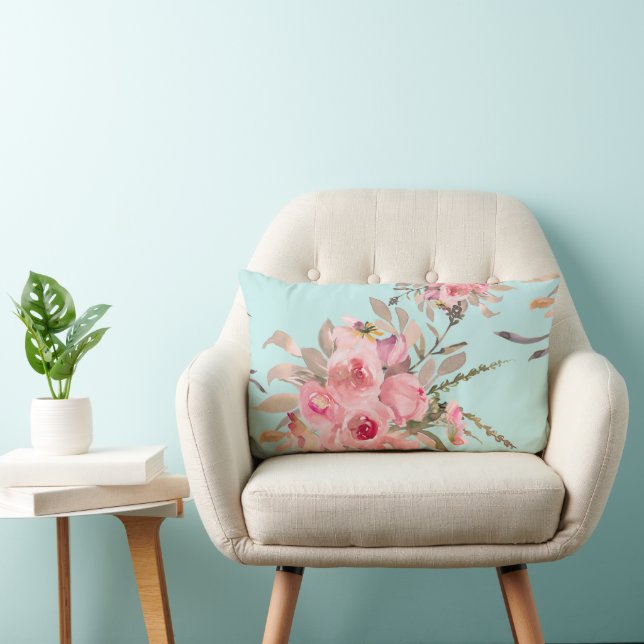 Coussin Rectangle Fleurs rose pâle sur bleu clair (Chaise)